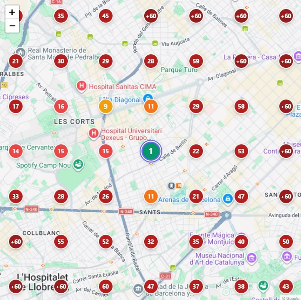 Los puntos de medición sobre el mapa de la zona: la mayoría marcan posiciones entre 14 y más de 60.